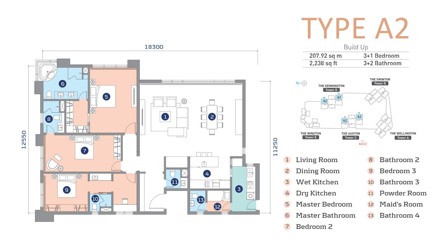 Cappella Embassy Type A2 floor plan — 2,238 sq ft, 3+1 bedroom, 3+2 bathroom